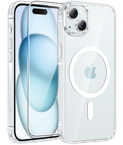 Image of FNTCASE for iPhone 15 Plus Case: for iPhone 14 Plus Case [Compatible with Magsafe] [Screen Protector] Anti Yellowing Transparent Clear Magnetic Phone Cover - Military Grade Shockproof Cases - Clear