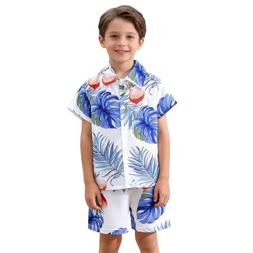 Generisch Sommeroutfit für Jungen Lässiges Kurzarmhemd Shorts Set mit exotischen Blumenprint für lockeren, multicolor, 9-10 años