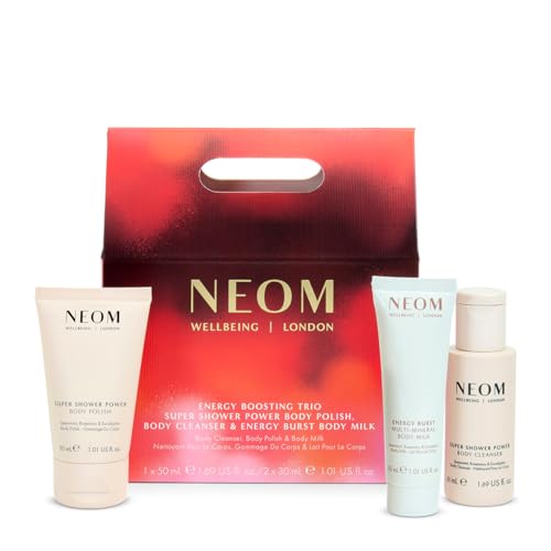 NEOM Energy Boosting Trio Gift Set I Ready-made shower routine I 100% natural scents including spearmint, rosemary and eucalyptus I Cleanser, Polish and Milk for the body