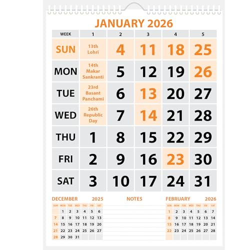 LAURET BLANC 2026 Wall Calendar -14.75" X 20" for Home & Office, Holidays Mentioned, 150 GSM Art Paper (B)