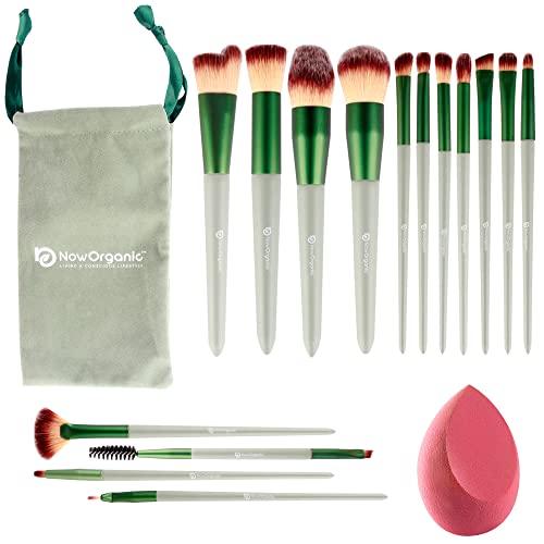 Now Organic Premium Makeup brush set of 15 with free beauty blender for beginners and professionals, easy blending brushes for complete and precise makeup, brushes for foundation,concealer,contour,highlighter,blush,eye shadow,eye liner (With Velvet Pouch)