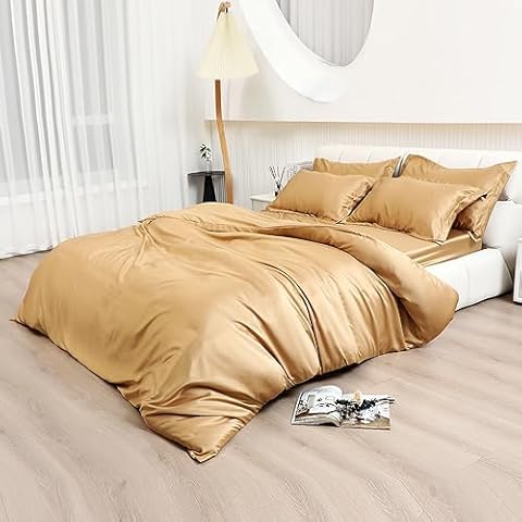 Dull Gold Super King 6 Piece Silky Duvet Cover Set Satin Bedding Cover