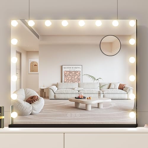 Image of Vanity Mirror with Lights,Makeup Mirror with 17 Dimmable LED Bulbs, 3 Color Lighting Modes Detachable 10X Magnification Mirror Touch Control, 23.6X19,7 inch, Black