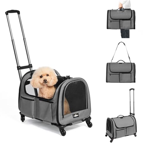 Paw Ballet Large Pet Carrier with Wheels, Foldable Rolling Dog Carrier with Wheels and Big Pocket, Cat Rolling Bag 21"x13"x13" for 2 Cats &Dogs, for Travel, Outdoor, Vet Visits, Camping, Indoor. Gray