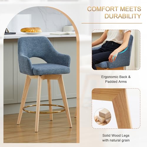 Image of Zesthouse Swivel Wooden Bar Stools Set of 2, Coastal Blue Counter Height Stools with Arm & Back, Upholstered Linen Fabric Barstools with Solid Wood Leg & Gold Metal Ring, High Chair for Kitchen Island