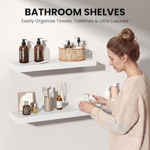 Fun Memories 60Inch Long Floating Shelves, 8 Inch Deep Shelves for Bedroom|Living Room, Wall Mounted Wood Hanging Shelf with Invisible Brackets for Fireplace Mantel Home Storage Decor, White - 2 Pack