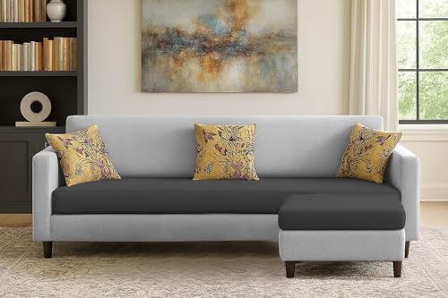 Image of Casaliving Premium Lifestyle Fabric 5 Seater L Shape Sofa Set 4 Seater Modern Sofa Set & Ottoman for Living Room (Black Grey Color)