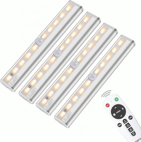 Under Cabinet Lights with Remote 4Pack, Dimmable Battery Powered Operated Light, Wireless Closet Counter Lighting, Stick on Touch Night Light Strip Bar for Kitchen Stairway Bedroom, 3 Colors