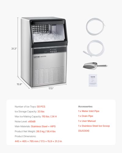 VEVOR Commercial Ice Maker Machine, 110lbs/24H Ice Maker Machine with 33lbs Storage Capacity, 50 Ice Cubes in 15 Minutes, LED Digital Display Freestanding Self-Cleaning for Bar Office Restaurant