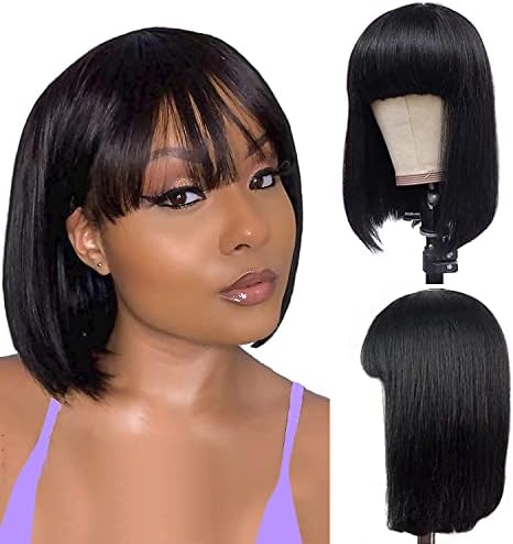Unonet 10 Inch Short Bob Wigs for Black Women Human Hair Bob Wigs with Bangs None Lace Front Wigs Brazlian Straight Hair Machine Made Bob Wig Natural color (10, 1B)