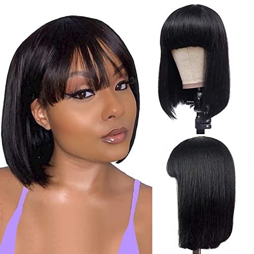 Unonet 10 Inch Short Bob Wigs For Black Women Human Hair Bob Wigs With Bangs None Lace Front Wigs Brazlian Straight Hair Machine Made Bob Wig Natural Color (10, 1B) #TOP21