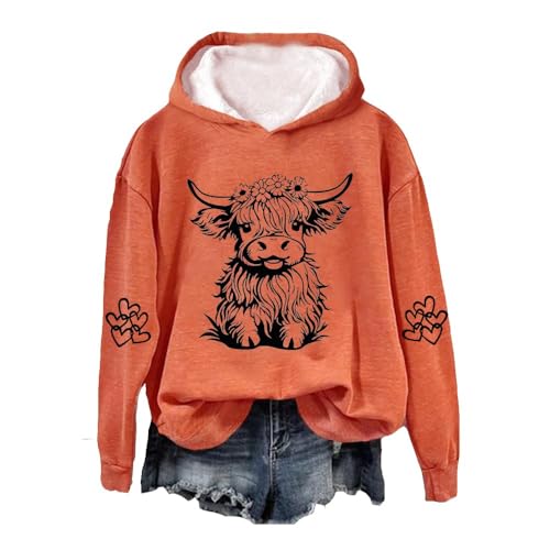 Highland Cow Hoodie Women Cute Funny Graphic Print Sweatshirt Cowgirl Long Sleeve Pullover Tops Shirt Small Orange