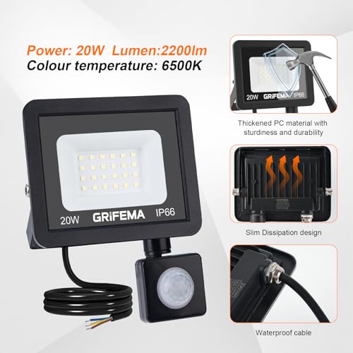 GRIFEMA 20W LED Strahler Mit Bewegungsmelder, 2200LM, 6500K Kaltweiß, IP66 Wasserdicht, 180° Verstellbare Halterung Für Garten, Garage, Hof, Außenbeleuchtung, Ohne Stecker