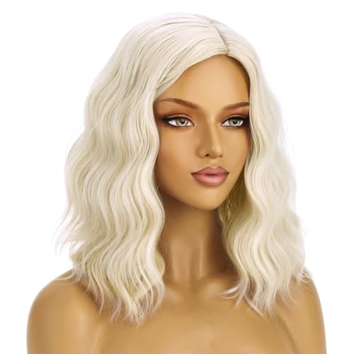 Image of BERON Blonde Wigs for Womens Short Curly Wavy Wig Girls Platinum Blonde Side Part Wigs Shoulder Length Heat Resistant Synthetic Cosplay Party or Daily Use Wig