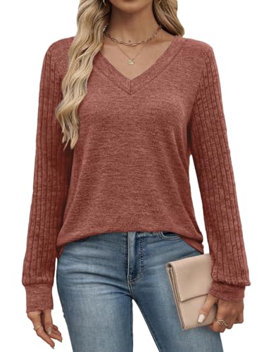 WIHOLL Sleeve Patchwork Shirts for Women Loose Fit V Neck Fall Outfits 2025 Trendy Sweaters Casual Tunic Tops3