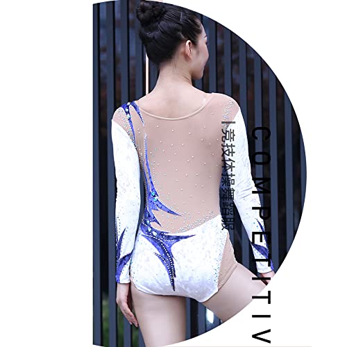 Casaco branco com diamantes collants acrobática ginástica treinamento de competição meninas, Branco,