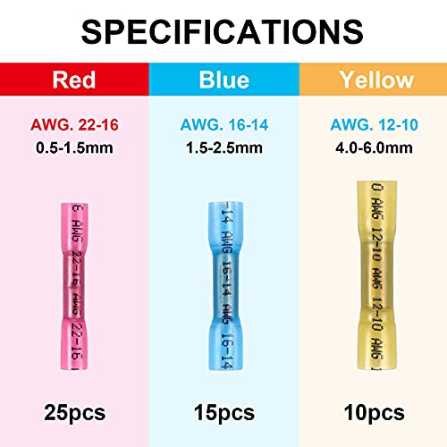Image of ZhiYo Heat Shrink Butt Connectors - Electrical Wire Connectors Kit - Insulated Waterproof Marine Automotive Wire Crimp Terminals - AWG 22 - 10 3 Sizes Butt Splice (50PCS)