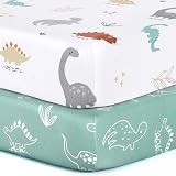 Pack n Play Sheets, BROLEX 2 Pack Mini Crib Sheets,Stretchy Portable Fitted Playard Sheet Set, Convertible Playard Mattress Cover,Ultra Soft Breathable Material,Cute Dinosaurs