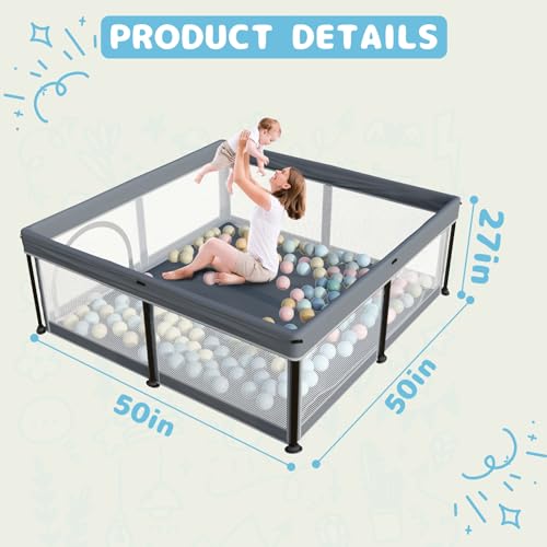 TOREVSIOR Foldable Baby Playpen with Mat, 50"×50" Foldable Playpen for Babies and Toddlers, Indoor & Outdoor Kids Safety Play Pen, Portable Play Yard, Foldable Baby Playpen with 50 Ocean Balls - Thumbnail 3