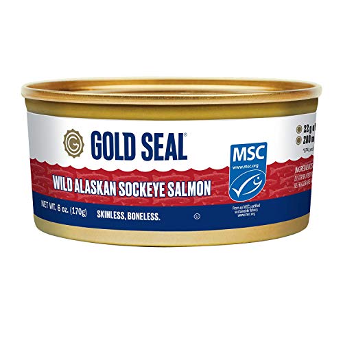 Gold Seal Wild Alaska Sockeye Salmon â€“ Skinless Boneless â€“ 6oz (170g)- 6 Count - 200mg Omega 3 per Serving (EPA and DHA Omega-3)â€“ 17g of Protein per Serving - Cooked just once â€“ Ready to Serve