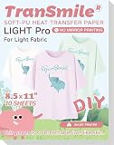TranSmile PU-Heat Transfer Paper for T Shirts (10 Sheets, 8.5x11'', Light), Iron on Transfers for Light Fabric, Printable Heat Transfer Vinyl for Inkjet Printer