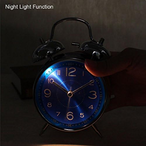 ALEENFOON 4" Metal Twin Bell Alarm Clock, Retro Vintage Desk Table Bedside Silent Analog Quartz Alarm Clock for Heavy Sleepers Kids Home Bedrooms Travel School Battery Operated with Light (Blue)