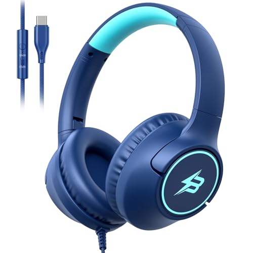 Image of USB C Headphones Wired for Kids, 85 /94dB Volume Limit With Mic, Navy Blue | Kid Headphones for School, Wired Over Ear USBC Plug in Corded Headphones for Boys Girl Toddler, iPad, Tablet, Airplane Travel