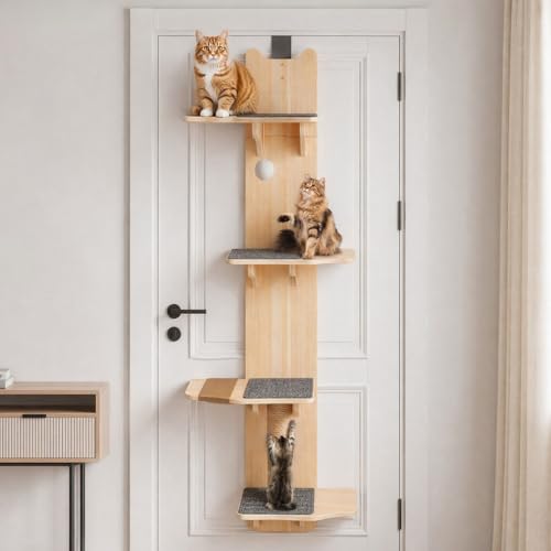 Door Hanging Cat Tree 60 inch Door Hanging Cat Shelf with Scratching Post Pads Tease Ball 4-Levels Over the Door Cat Climber for Indoor Kittens Jumping & Playing