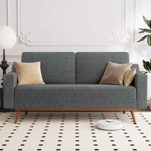 Vipbear 65.4" Loveseat Sofa Grey Corduroy Couch, Mid-Century Modern Small Couches for Living Room, Bedroom, Office, Comfy Sofa with Spring Cushion, Solid Wood Frame, Tool-Free Assembly
