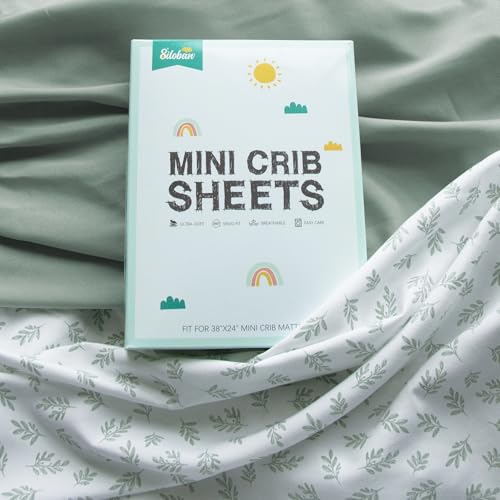 Mini Crib Sheets 4 Pack for Baby Boys & Girls, Neutral Mini Crib Sheet Fitted 38'' x 24'' for Standard Mattress, Ultra Soft Material Baby Mini Sheet, Aqua Leaf