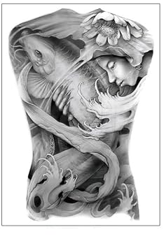 Temporary Tattoo Stickers Full Back for Men Women, Colorful Temp Realistic Tattoo Stickers Personal Grooming Make Up Decor Koi Lady