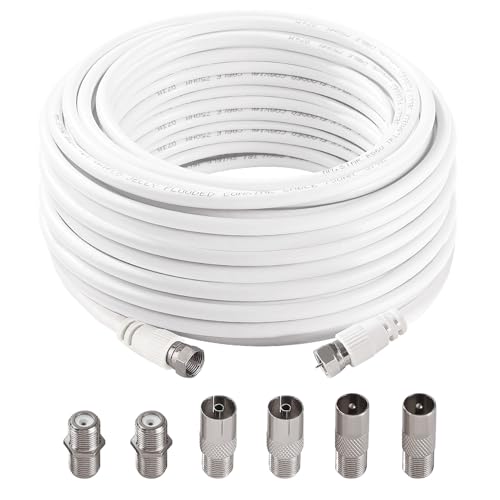 KUOQIY 15m 75 Ohm Câble Coaxial RG6, F Mâle vers F Mâle Haut Débit RG6 Câble D'antenne TV, avec 6 Pièces Coupleurs D'extension, pour décodeur, TV,...