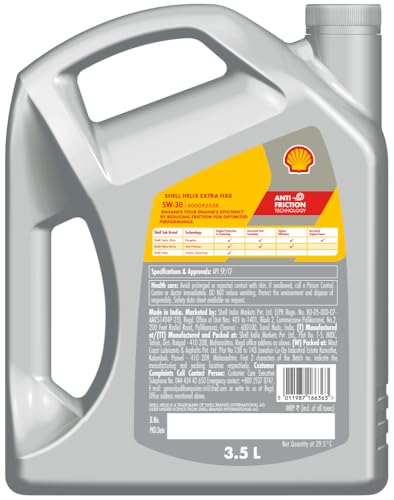Image of Shell Helix Extra 5W-30 API SP Fully Synthetic Oil for Petrol, Diesel & CNG Cars (3.5L), Enhanced Efficiency with Anti friction Technology