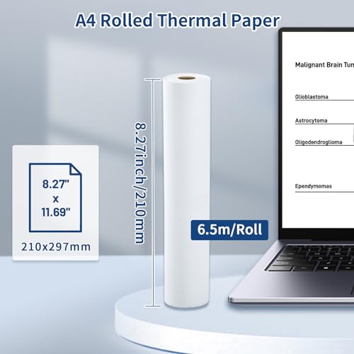 Phomemo Papel para impressora térmica M832, 4 rolos, papel térmico A4, impressão térmica avançada, r