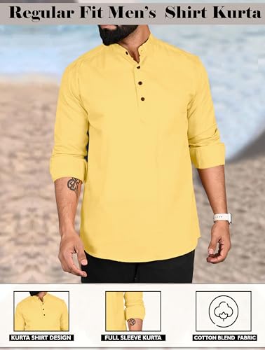 Image of ROYALSCOUT Men Cotton Blend Short Kurta with Mandarin Collar and Button Placket | Full Sleeve Regular Fit Ethnic Wear for Casual and Festive Use