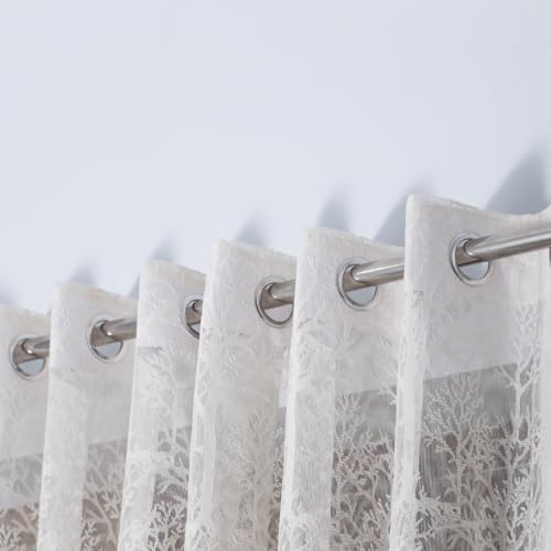 Image of Fabrilia Cream Net Curtains Set of 2 | Sheer Tree Pattern Drapes for Long Door 9 feet | Semi Transparent Curtain for Living Room, Bedroom & Balcony