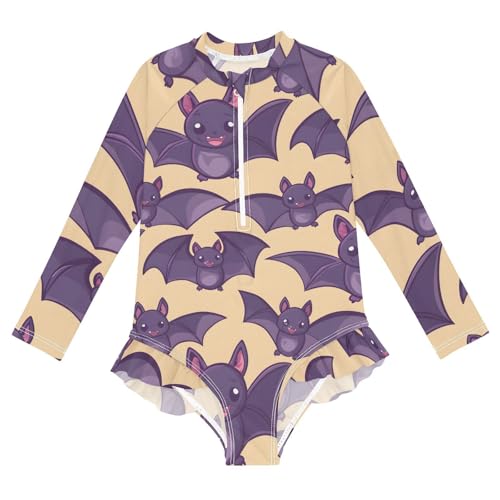 Girls One Piece Swimsuits Long Sleeve Swimsuit Zipper Bathing Suits Purple Bat Pattern
