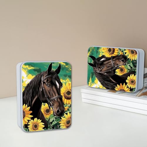 Image of Metal Tin Box with Lid for Game Cards Home Organizer Candles Keys Crafts Storage - Equipped with 4 Magnetic Cord Clips,Horses and Sunflowers