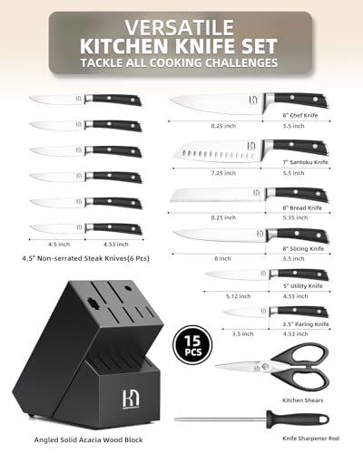 2025 Knife Set 15 Pcs Japanese High Carbon Stainless Steel Kitchen Knife Sets with Block & Sharpener, Premium Razor-Sharp Black Knives Block Set for Kitchen, Ergonomic Full-Tang Handle - Image 6
