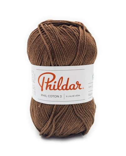 Phildar - Pelote de Laine Phil Coton 3 - Laine à Crocheter et à Tricoter - 100% COTON - Aiguille n°3 - Couleur MARRON