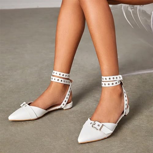 FOWT Women Pointed Toe Buckle Decor Pumps Lace up Strappy Flats Fashion Cool Dressy Daily Outfit Shoes Size 4-16 US4