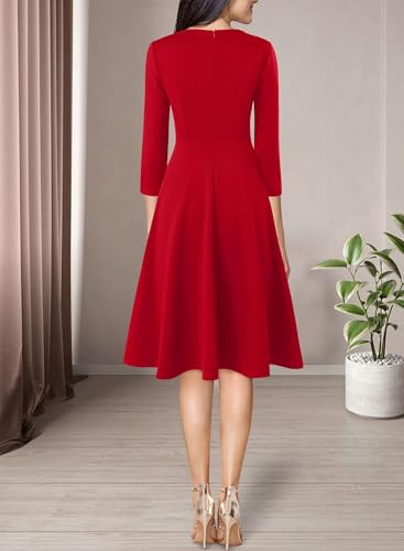 Image of VFSHOW Womens Work Business Front Zipper A-Line Dresses 3 /4 Sleeve Office Church Fit and Flare Skater Swing Knee Length Dress