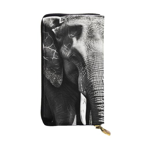 Portefeuille pour femme grand format en cuir anti-encombrement motif éléphant noir et blanc