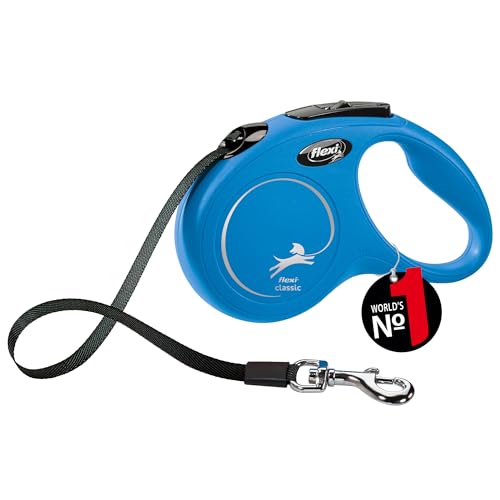 flexi® Classic S | 5m Gurt Roll-Leine für kleine Hunde bis 15 kg | Blau | ausziehbare Hundeleine | Gewicht 200.1 gr | Maße 10 x 16.5 cm