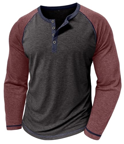 MakingDa Camisas Henley para hombre, manga larga raglán, ajustadas, con botones,...