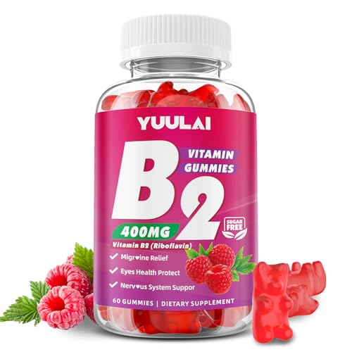 YUULAI Vitamin B2 Gummies 400mg | Riboflavin Supplement with Magnesium for Kids & Adults B2 Gummies for Migraine Relief Nervous System & Skin Health Vegan Sugar-Free Raspberry Flavor 60 Count