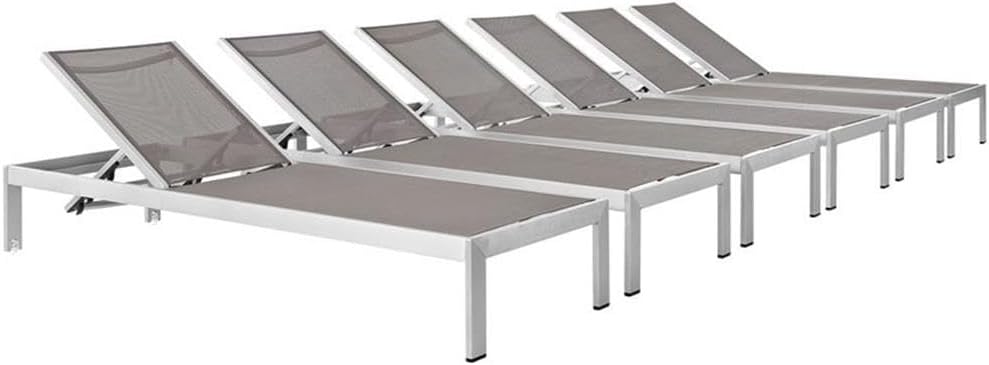 Pemberly Row Modern Aluminum Patio Chaise Lounge Set, Gray/Silver Finish, 76 x 25 x 36 in, Reclining Adjustable Height, Breathable Mesh, Dual Wheels, Outdoor Sun Loungers for Garden or Poolside Use