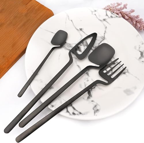 Image of Modern Stainless Steel Flatware Set - 4-Piece Unique Bent Handle Cutlery Set - Fork, Knife, Spoon & Teaspoon - Elegant Kitchen & Dining Silverware Set for Home & Restaurant (Black)