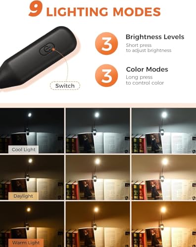Image of XERGY Book Lights for Reading at Night in Bed, 80 Hours Runtime Rechargeable Reading Lights for Books in Bed, 3 Brightness Levels x 3 Color Temperatures, Lightweight