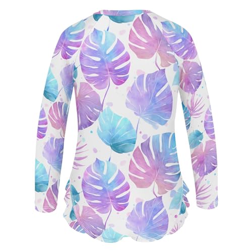 ALAZA Tropical Palm Leaf Dot Girls One Piece Swimsuit Long Sleeve Rash Guard Swimsuits UV 50+ Swimwear Zipper3